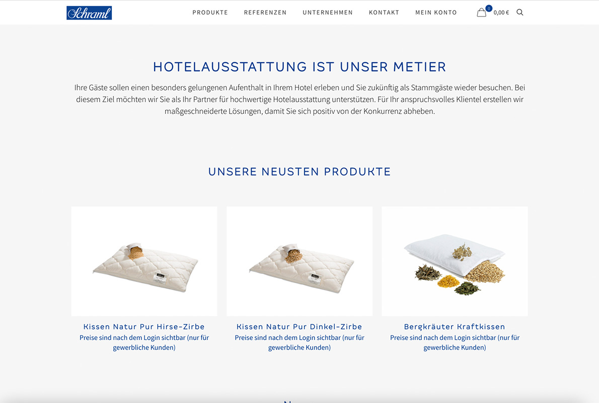 Schraml Hoteltextil Bildschirmfoto Webseite Hotelausstattung Neuste Produkte