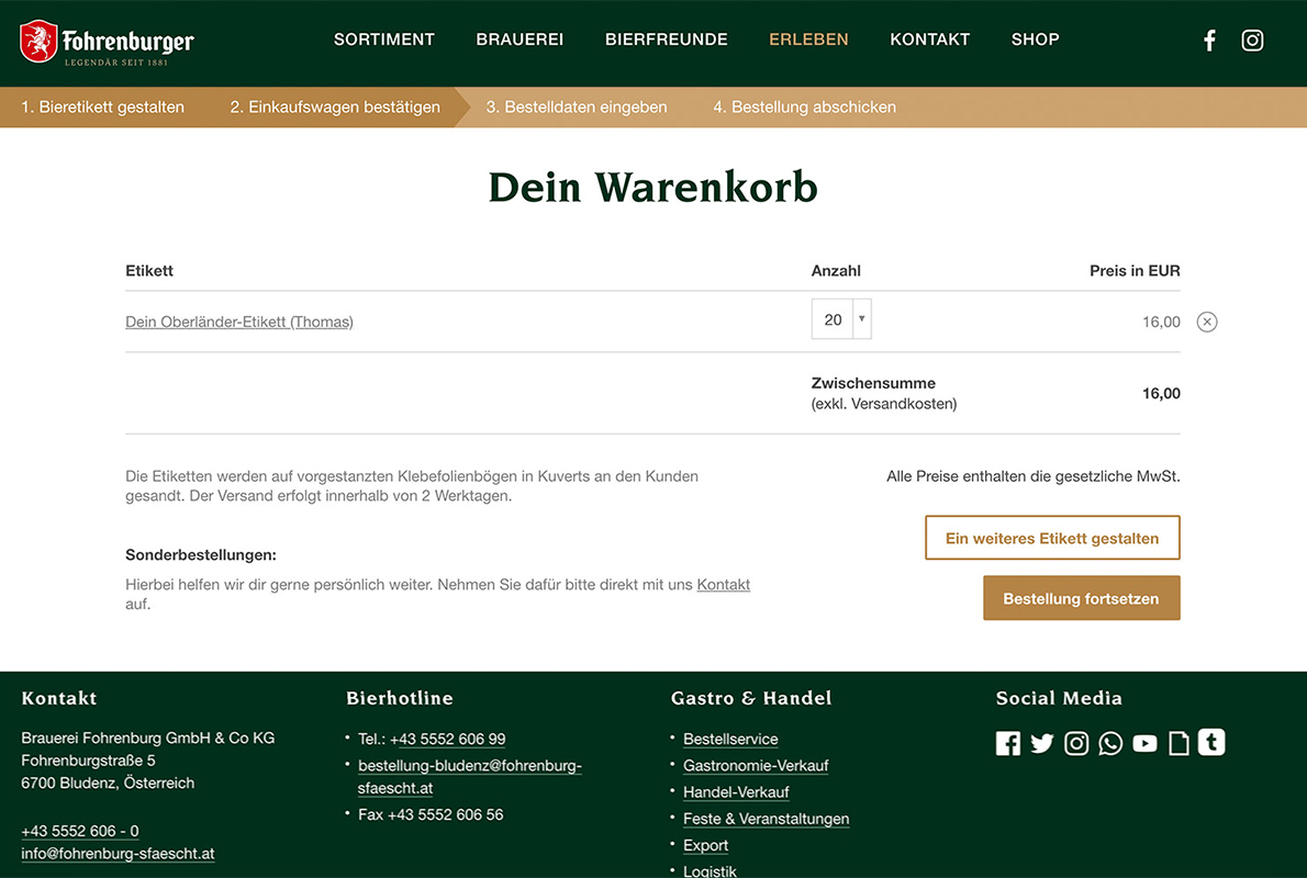 Fohrenburger Online Konfigurator Warenkorb